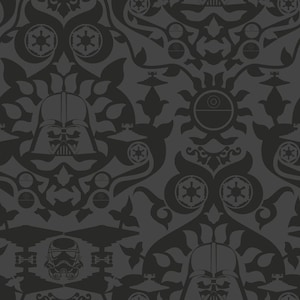 May include: A dark gray wallpaper featuring a repeating damask pattern composed of Star Wars icons. The design includes silhouettes of Darth Vader helmets, Stormtrooper helmets, Death Stars, and Imperial starships integrated into floral motifs.