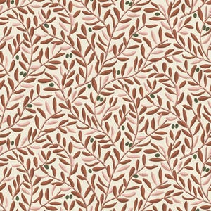 May include: A repeating pattern of stylized olive branches with brown leaves, pink accents, and green olives on a cream background. The design features a symmetrical arrangement of the branches, creating a natural and organic aesthetic.