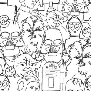 May include: Black and white line art pattern featuring iconic Star Wars characters, including Darth Vader, Yoda, Chewbacca, and R2-D2. The design is a repeating pattern of stylized illustrations.