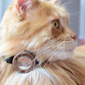 cat collar for apple airtag ,leather wood premium cat collar no jiggle free breakaway quick release buckle, Engraved personalization OPEN