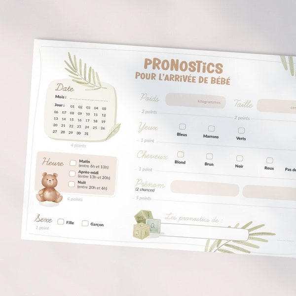 Cartes de pronostics pour la naissance de bébé à télécharger et imprimer