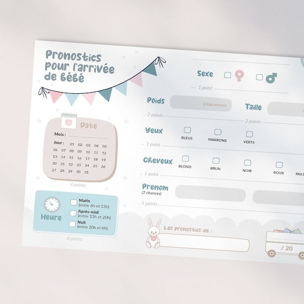 Cartes de pronostics pour la naissance de bébé à télécharger et imprimer