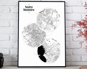 Affiche personnalisée avec 3 plans de ville pour couple ou famille Cadeau Saint-Valentin