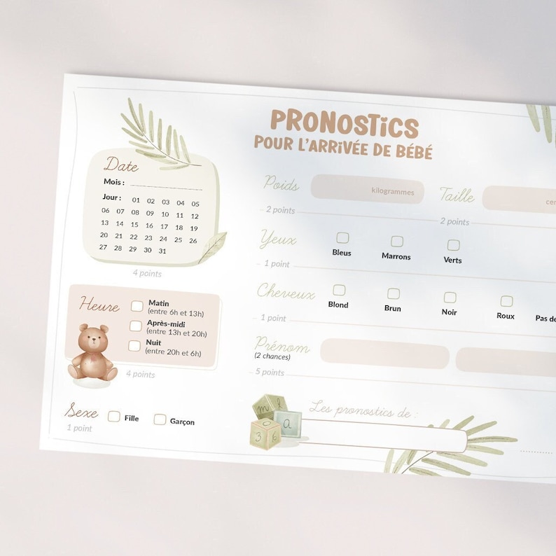 Cartes de pronostics pour la naissance de bébé à télécharger et imprimer image 1