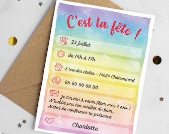 Carte d'invitation anniversaire à télécharger et imprimer - Thème arc-en-ciel