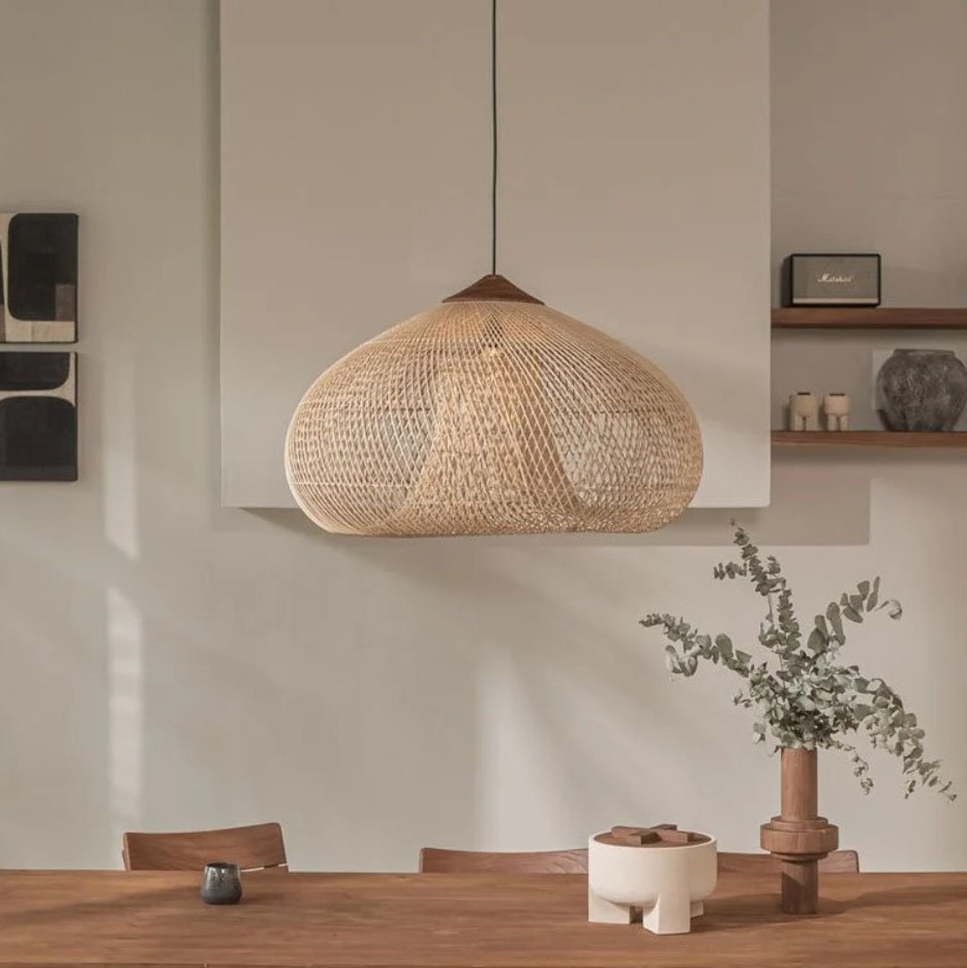 Round Rattan Lampshade, Woven Rattan Light Fixture, Rattan Pendant