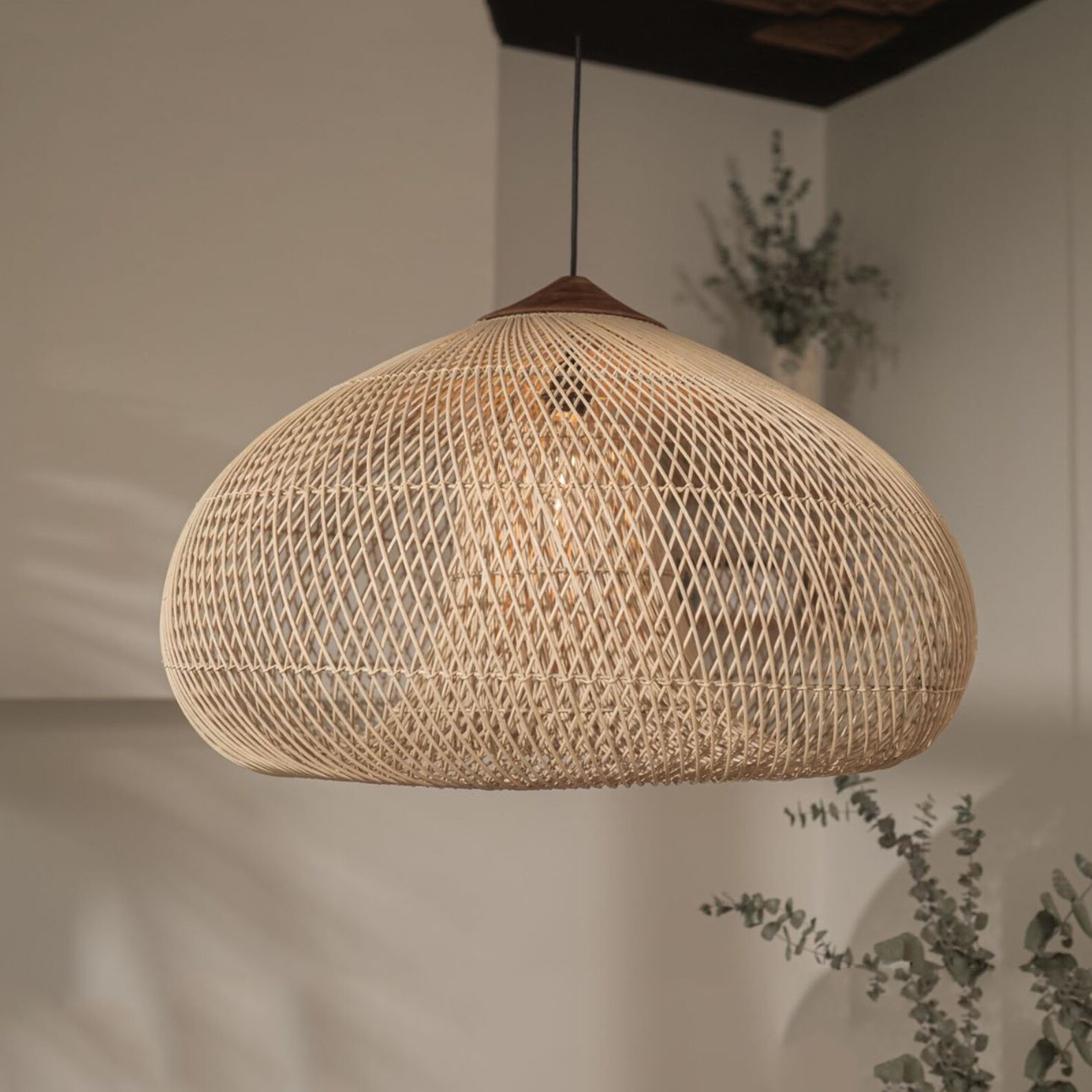 Round Rattan Lampshade, Woven Rattan Light Fixture, Rattan Pendant