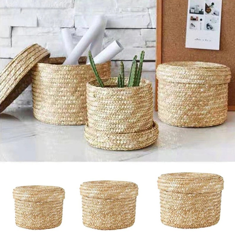 Handwoven Straw Storage Baskets With Lid Style Rattan Storage Etsy