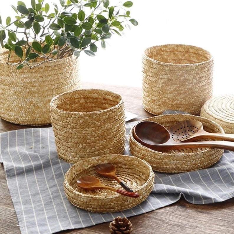 Handwoven Straw Storage Baskets With Lid Style Rattan Storage Etsy