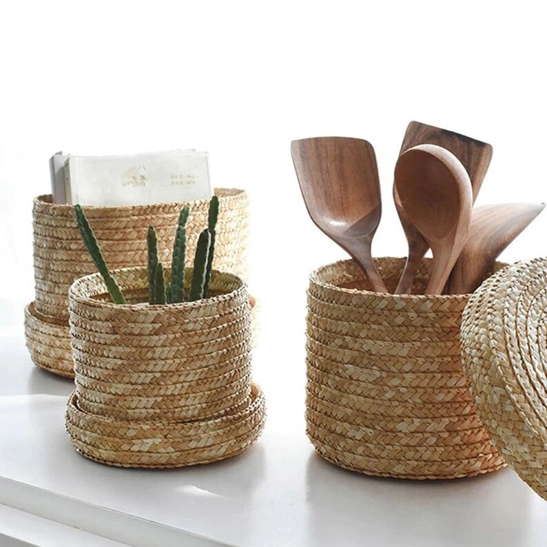 Handwoven Straw Storage Baskets With Lid Style Rattan Storage Etsy