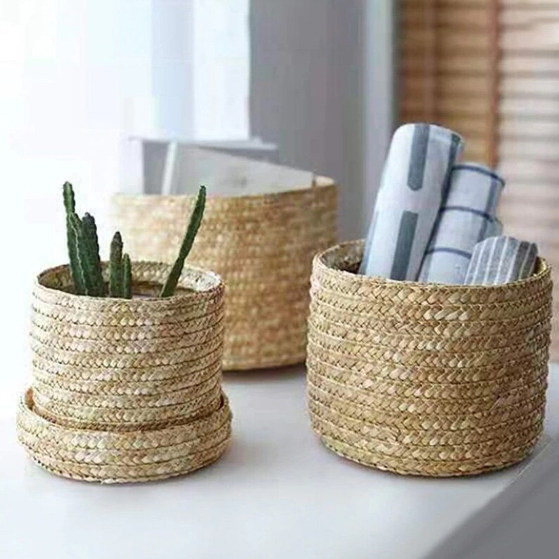 Handwoven Straw Storage Baskets With Lid Style Rattan Storage Etsy