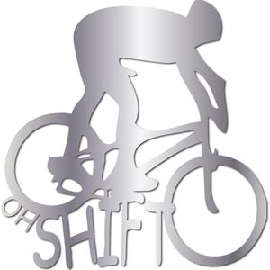 May include: A silver-colored metal wall art piece featuring a silhouette of a cyclist leaning forward on a bicycle. The text "OH SHIFT" is integrated into the design at the bottom, with the letters forming the base of the bicycle frame and wheels.