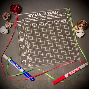 Puede incluir: Una tabla de matemáticas de acrílico transparente con una cuadrícula negra y el texto "MY MATH TABLE". Incluye un rotulador de borrado en seco rojo y azul, y cinta roja y verde. También hay campanas y piñas decorativas.