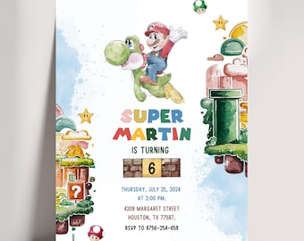 Watercolor Video Game birthday invitation with FREE Super M Thank You Tags & Digital  Invitation, Canva Template JPD08