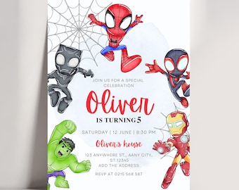 Watercolor Spiderman birthday invitation with FREE Spiderman Thank You Tags & Digital Spidey and his friends Invitation Canva Template JPD06