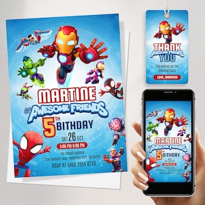 Puede incluir: Una invitaci&oacute;n y una etiqueta a juego para una fiesta de cumplea&ntilde;os con personajes de superh&eacute;roes. La invitaci&oacute;n incluye el texto "MARTINE and his AWESOME FRIENDS 5th BIRTHDAY" con detalles del evento. Un smartphone muestra el mismo dise&ntilde;o.