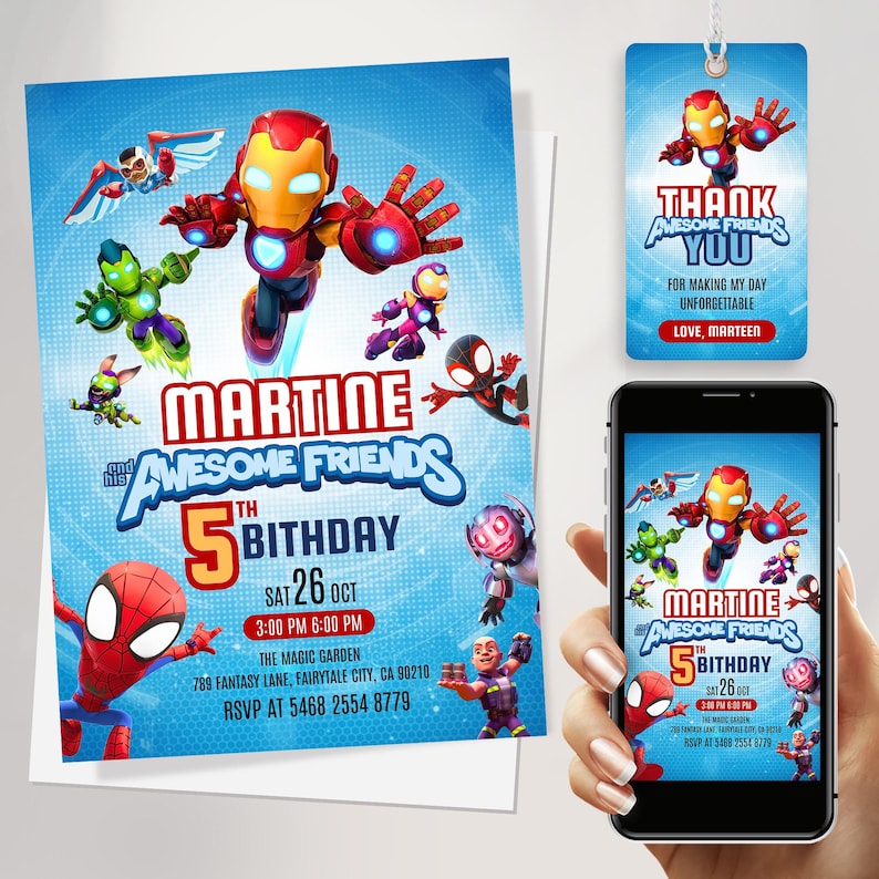 Puede incluir: Una invitaci&oacute;n y una etiqueta a juego para una fiesta de cumplea&ntilde;os con personajes de superh&eacute;roes. La invitaci&oacute;n incluye el texto "MARTINE and his AWESOME FRIENDS 5th BIRTHDAY" con detalles del evento. Un smartphone muestra el mismo dise&ntilde;o.