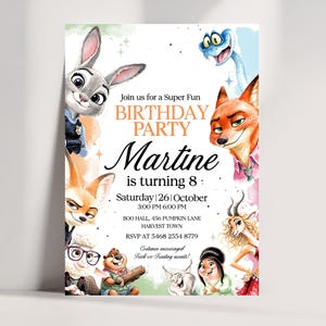 May include: A colorful birthday party invitation featuring cartoon characters. The invitation reads "Join us for a Super Fun BIRTHDAY PARTY Martine is turning 8: Saturday | 26 | October". The invitation includes the time, location, and RSVP information.