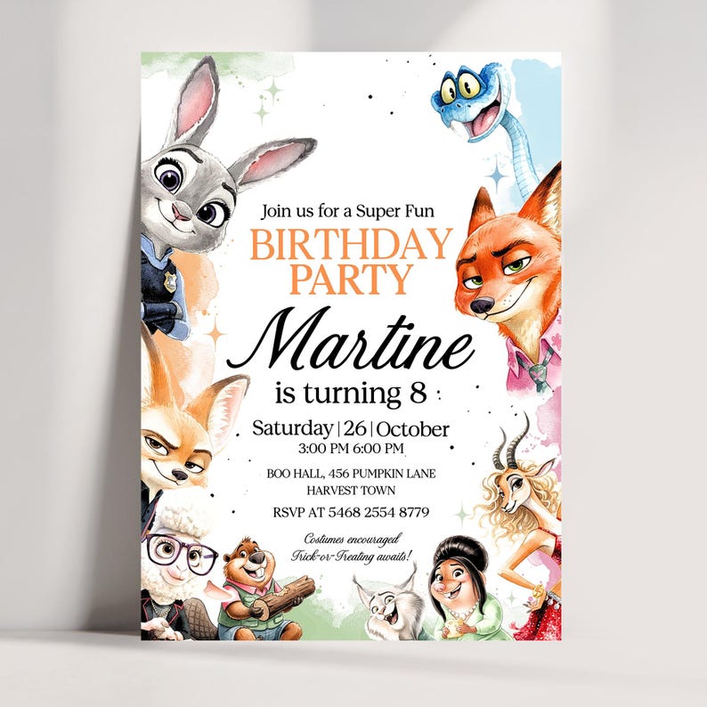 May include: A colorful birthday party invitation featuring cartoon characters. The invitation reads "Join us for a Super Fun BIRTHDAY PARTY Martine is turning 8: Saturday | 26 | October". The invitation includes the time, location, and RSVP information.