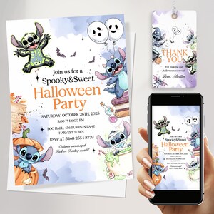 Faire-part d'Halloween pour les filles au point de couture, invitation de fête mignon pastel fantasmagorique, anniversaire d'enfants modifiable, modèle de toile imprimable en téléchargement numérique