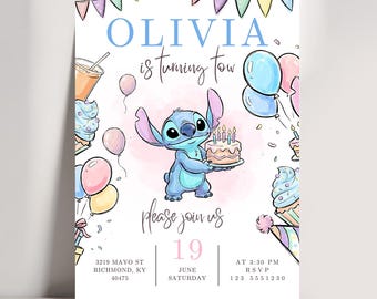Modèle d'invitation de fête d'anniversaire point modifiable | faire-part de fête de couture | Eviter l'anniversaire de Stitch | Faire-part d'anniversaire dessin animé JPD10