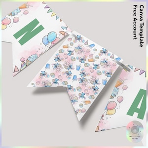 May include: A banner with the letter "N" in green, and the letter "A" in green. The banner has a watercolour design with balloons, cupcakes, and the character Stitch. The text "Canva Template Free Account" is visible.