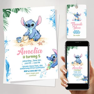 Invitation fête d'anniversaire à la piscine au point aquarelle pour filles avec étiquettes de remerciement et invitation pour téléphone | Modèle de toile d'anniversaire de plage d'été à téléchargement immédiat