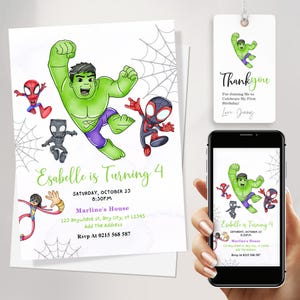 Modello modificabile per invito di compleanno di Hulk, invito di compleanno di Hulk e Spiderman, invito per festa digitale da scaricare immediatamente