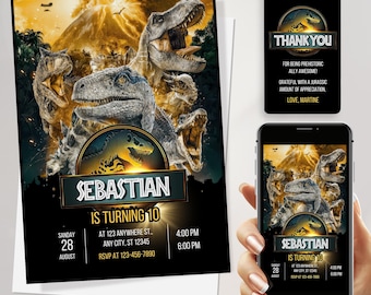 Invitación de cumpleaños de T-Rex azul: Fiesta jurásica (Descarga instantánea)