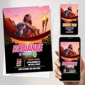 Invitación de cumpleaños de Lilo y Stitch / Invitación para fiesta infantil de extraterrestres tropicales / Tema de película de 2025 / Plantilla editable de Canva (descarga digital)