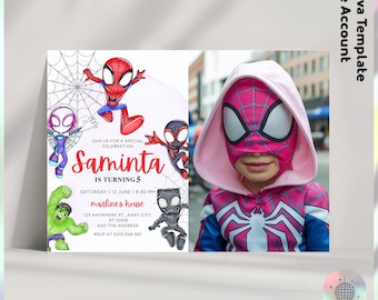 Spidey Girls invitation with Picture, Spidey birthday invitation, Spiderman birthday invitation instant download JPD07
