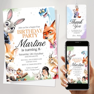 May include: A birthday party invitation featuring cartoon characters from Zootopia. The invitation includes the text "Join us for a Super Fun Birthday Party" and "Martine is turning 8". A matching thank you tag and a phone displaying the invitation are also shown.
