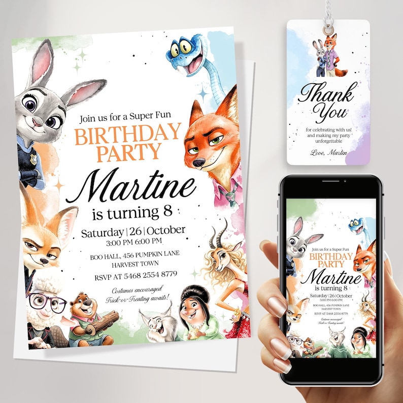 May include: A birthday party invitation featuring cartoon characters from Zootopia. The invitation includes the text "Join us for a Super Fun Birthday Party" and "Martine is turning 8". A matching thank you tag and a phone displaying the invitation are also shown.
