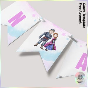 May include: A printable banner with a watercolor background featuring a cartoon image of Anna and Kristoff from the movie Frozen. The banner is decorated with stars and the letters "N" and "A" in pink. The text "Canva Template Free Account" and "Invite Joy Party" are also included.