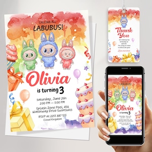 Bewerkbare Labubu verjaardagsuitnodiging GRATIS Labubu bedankkaartjes & aquarel Labubu verjaardagsuitnodiging canvasjabloon instant download JPD11