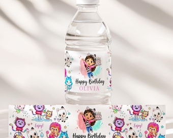 Personalized Dollhouse Water Bottle Label, Custom Name Cat Girl Birthday Party Favors, Printable Drink Wrapper, Digital Download File JPD11