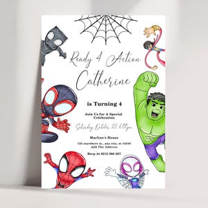 Superhero 4th birthday invitation | Ready 4 action | 4th birthday invite, 4th birthday card boy invitation, 4 year old birthday invitation