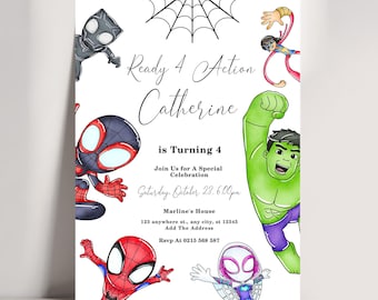 Invitación de cumpleaños de superhéroe para el 4.º cumpleaños / ¡Listos para la acción! / Invitación de cumpleaños para niño de 4 años, tarjeta de cumpleaños para niño de 4 años