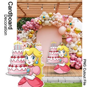 Princess Peach verjaardag PNG-uitsparing, Super Mario Girl Party-kartonnen decoratie, afdrukbaar Peach-taarttopper digitaal bestand