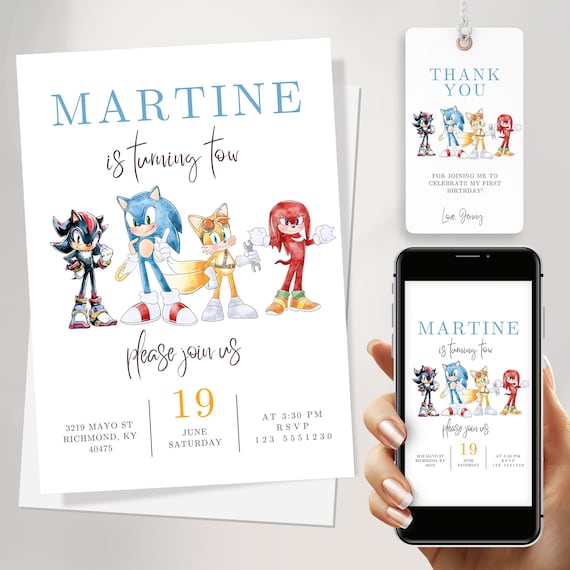 Editable Sonic birthday invitation FREE Sonic Thank You Tags & watercolor Sonic birthday Invitation Black Shadow, tails, Knuckles JPD05