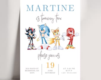 Watercolor Sonic birthday invitation with FREE Sonic Thank You Tags & Digital Invitation Black Shadow, Tails, Knuckles Canva Template JPD05