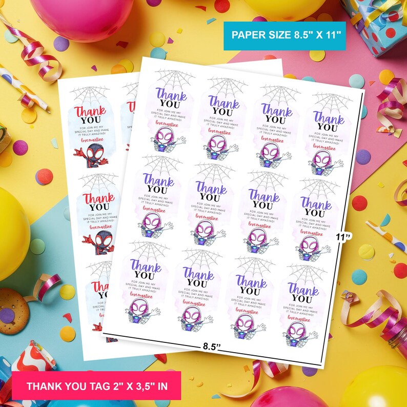 May include: Printable thank you tags featuring a cartoon Spider-Man character. The tags are designed for a party or event and include the text "Thank You" and "For joining me for my special day and making it truly amazing! Love [Name]" with a spider web design. The tags are 2 inches by 3.5 inches and are printed on 8.5 inch by 11 inch paper.