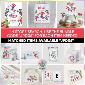 May include: A set of party supplies featuring a superhero theme with a red, blue, and black color scheme. The set includes a welcome sign, cupcake toppers, favor bags, water bottle labels, a favor box, a chocolate bar wrapper, a banner, and a sticker. The text on the sign reads "Welcome to Oliver 5th Birthday". The text on the cupcake toppers, favor bags, water bottle labels, favor box, chocolate bar wrapper, and banner reads "Oliver is turning 5".
