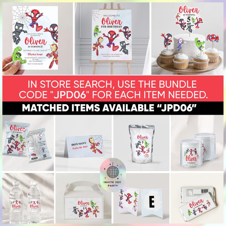 May include: A set of party supplies featuring a superhero theme with a red, blue, and black color scheme. The set includes a welcome sign, cupcake toppers, favor bags, water bottle labels, a favor box, a chocolate bar wrapper, a banner, and a sticker. The text on the sign reads "Welcome to Oliver 5th Birthday". The text on the cupcake toppers, favor bags, water bottle labels, favor box, chocolate bar wrapper, and banner reads "Oliver is turning 5".