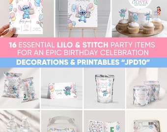 Lilo and Stitch Birthday Party Bundle, 15 Printable Party Decorations, Personalized Kids Party Decor, Stitch Canva Templates JPD10