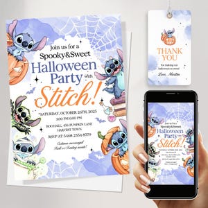 Convite de Halloween com bordado para meninas, convite fofo e assustador em tons pastéis, aniversário infantil editável, modelo digital para impressão e download no Canva
