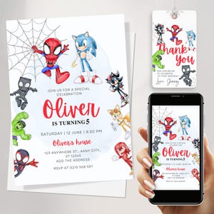 Modelo de convite de aniversário editável do Spidey e do Sonic, convite digital do super-herói dos Vingadores, cartão de convite do Sonic para download instantâneo