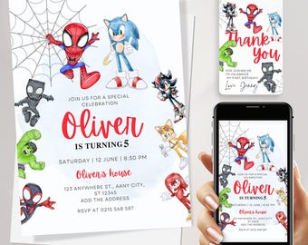 Spidey and Sonic Birthday Invitation: Superhero Evite (Digital Download)