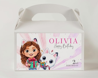 Personalized Dollhouse Gable Box Label, Custom Cat Girl Birthday Favor Box Sticker, 2nd Birthday Party Treat Box, Digital Printable JPD11