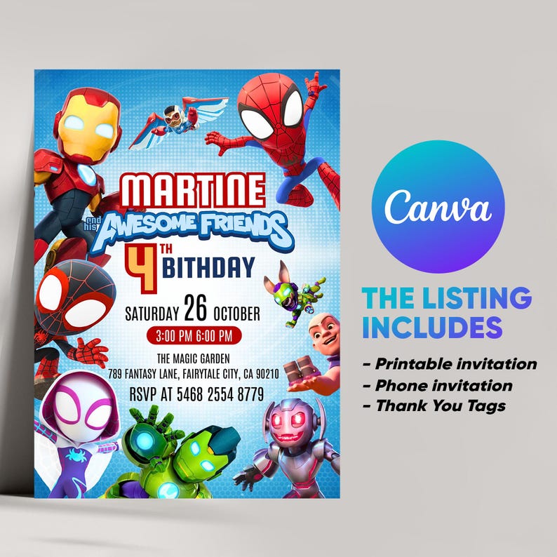 Może przedstawiać: Żywe zaproszenie na urodziny z postaciami z kresk&oacute;wek, w tym Iron Man i Spider-Man, na niebieskim tle. Zaproszenie na 4. urodziny Martine 26 października, ze szczeg&oacute;łami wydarzenia i informacjami RSVP.